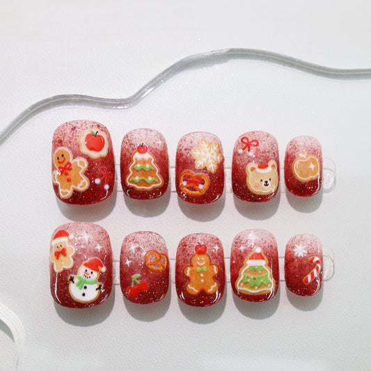 Red Gradient Shinny Hand-painted Cartoon Christmas Nail - Medium Square
