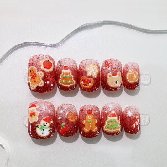 Red Gradient Shinny Hand-painted Cartoon Christmas Nail - Medium Square
