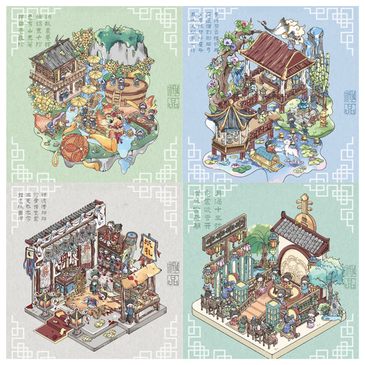 Ancient Chinese Pavilions 3D Sticker | 4 Cute Miniature Scenes