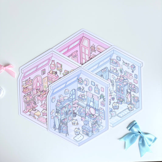 Kitten Room 3D Sticker | 4 Cute Miniature Scenes
