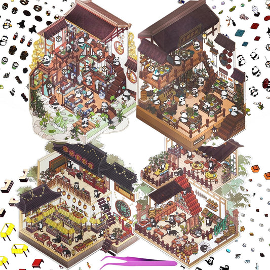 Whiskers & Bamboo 3D Sticker | 4 Cute Miniature Scenes