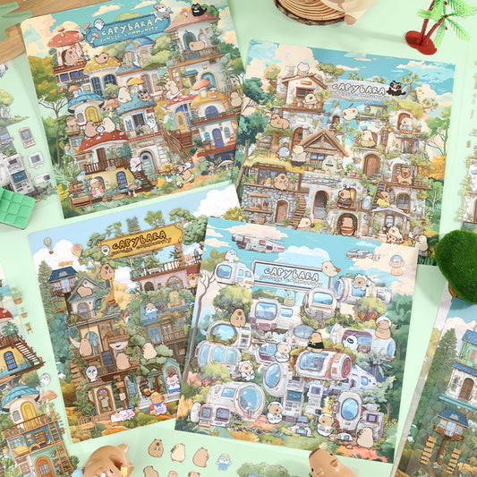 Capybara Community 3D Sticker | 4 Cute Miniature Scenes