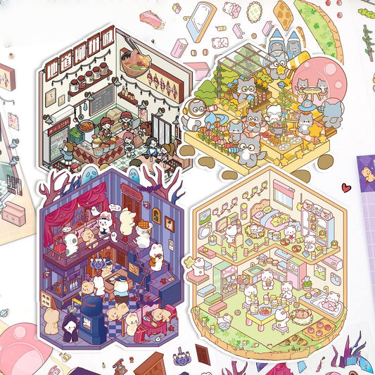 Cute Cartoon 3D Sticker | 4 Cute Miniature Scenes