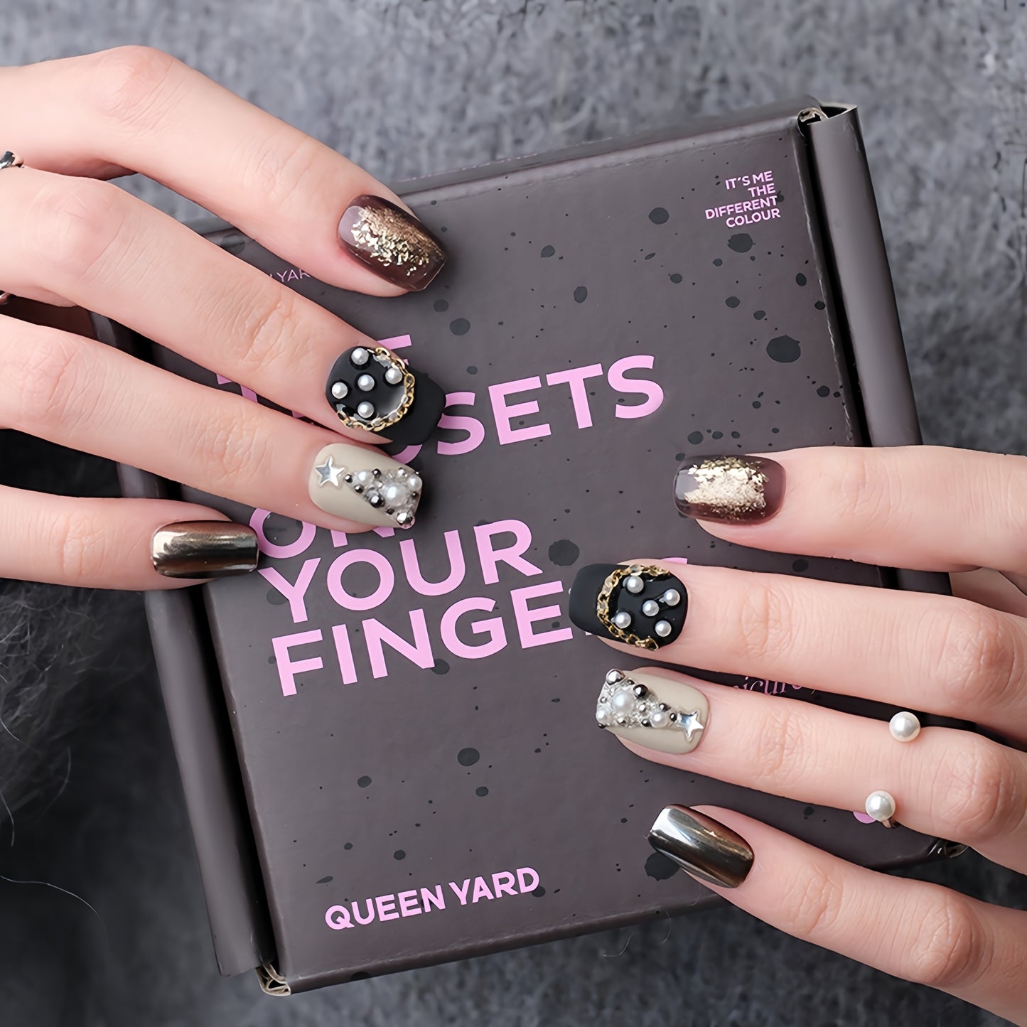 Black Matte Hand-painted Christmas Nail with Pearl  - Medium Square