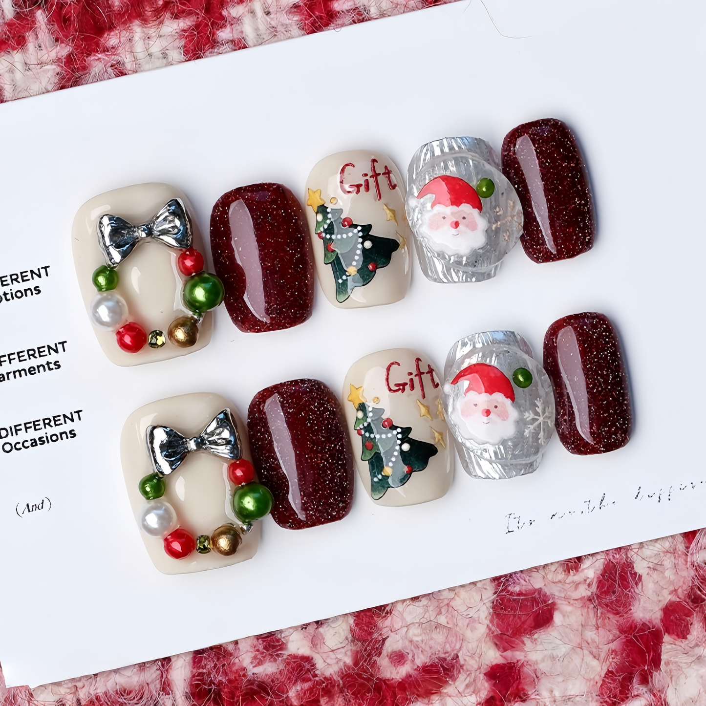 Hand-painted Cartoon Christmas Nail with Pearl  - Medium Square