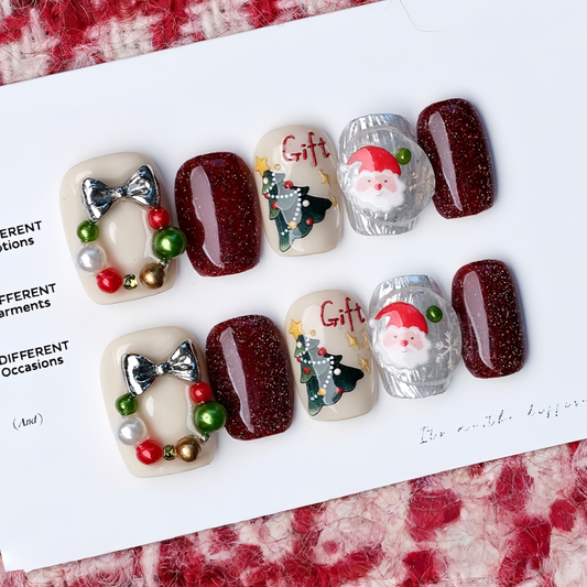 Hand-painted Cartoon Christmas Nail with Pearl  - Medium Square