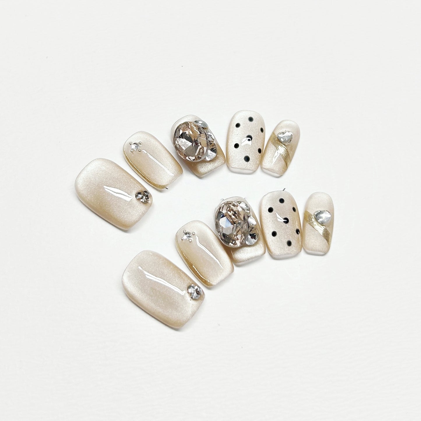 White Cat-Eye Polka Dot French Nails with Diamond - Medium Square