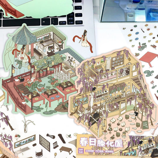 Blooming Houses 3D Sticker | 2 Cute Miniature Scenes