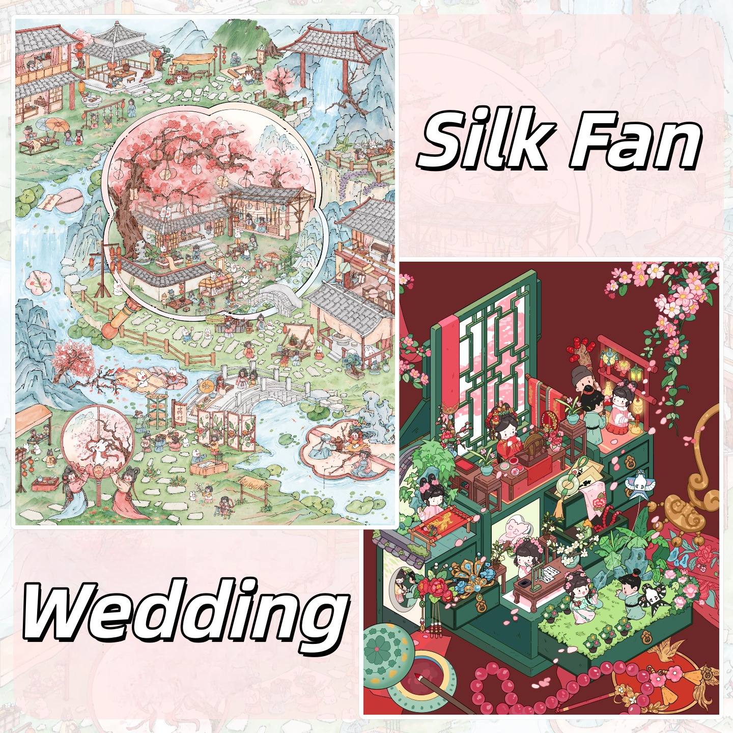 Ancient Chinese Charm 3D Sticker | 2 Cute Miniature Scenes