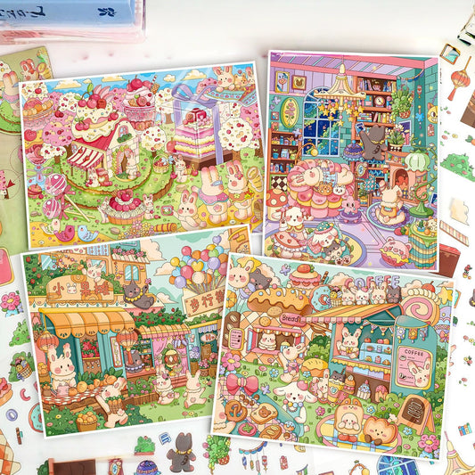 Bunny’s Dreamy Village 3D Sticker | 4 Cute Miniature Scenes