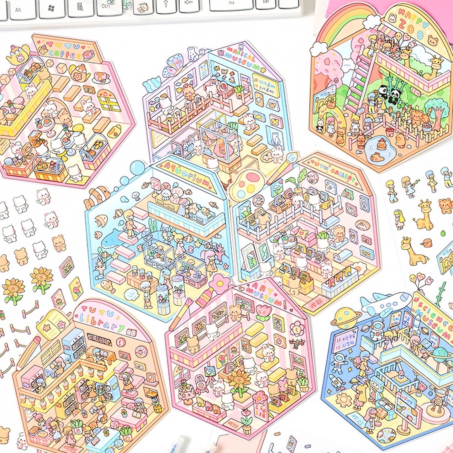 Tiny Exhibition 3D Sticker | 8 Cute Miniature Scenes
