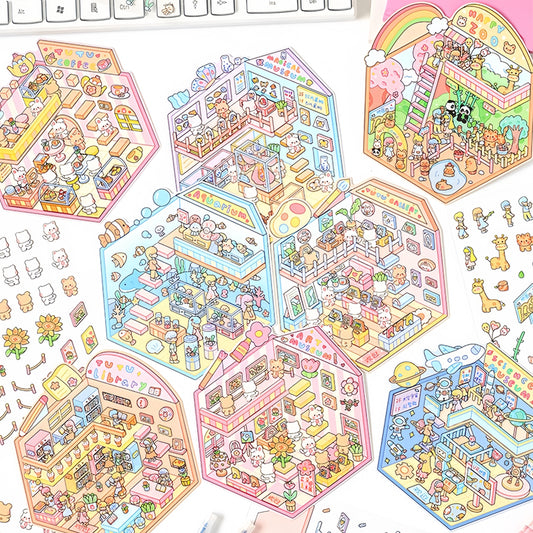 Tiny Exhibition 3D Sticker | 8 Cute Miniature Scenes