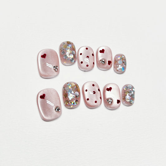 Pink Cat-Eye Polka Dot French Nails with Diamond - Medium Square