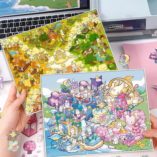 Bunny’s Dreamy Village 3D Sticker | 2 Cute Miniature Scenes