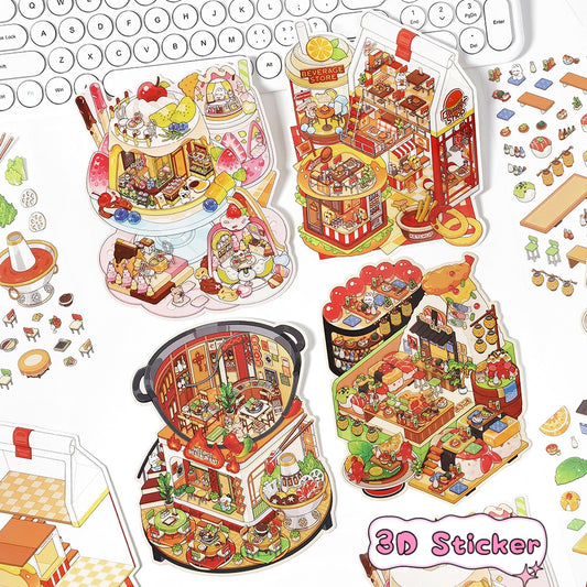 Tiny Shops 3D Sticker | 4 Cute Miniature Scenes