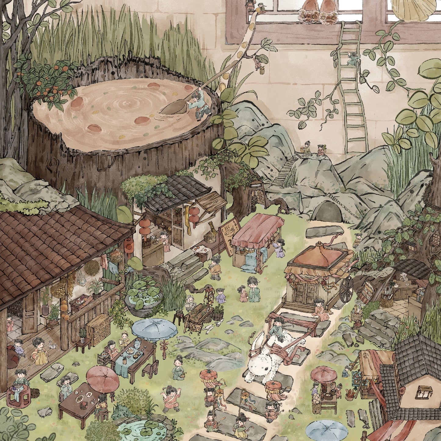 Ancient Village Life 3D Sticker | 2 Cute Miniature Scenes