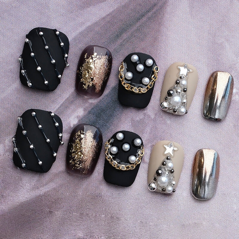 Black Matte Hand-painted Christmas Nail with Pearl  - Medium Square