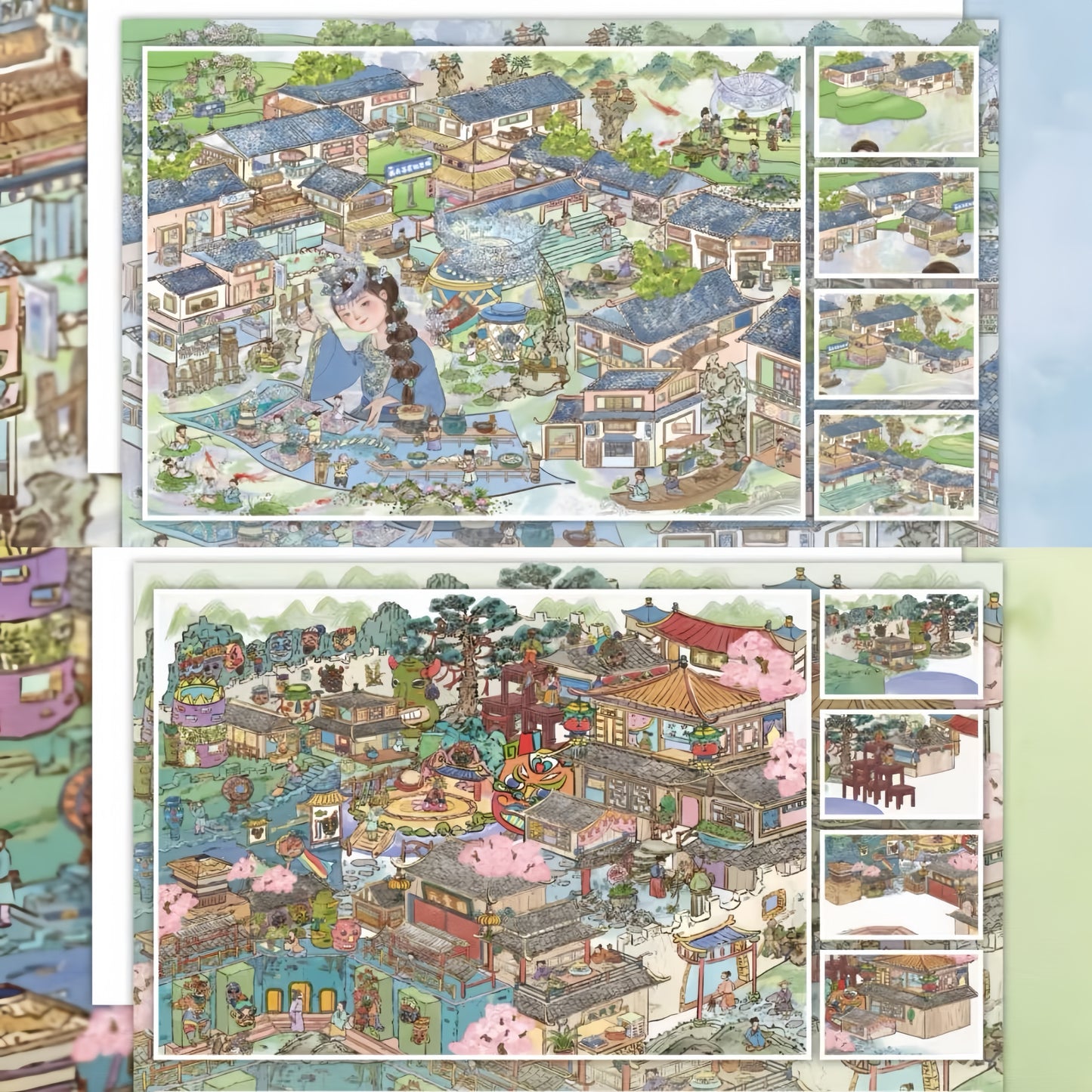 Ancient Chinese Village 3D Sticker | 2 Cute Miniature Scenes