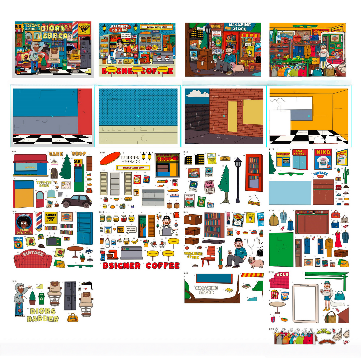 American Comic Life 3D Sticker | 4 Cute Miniature Scenes