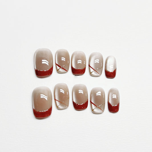Red Vintage French Cat-eye Nail - Medium Square