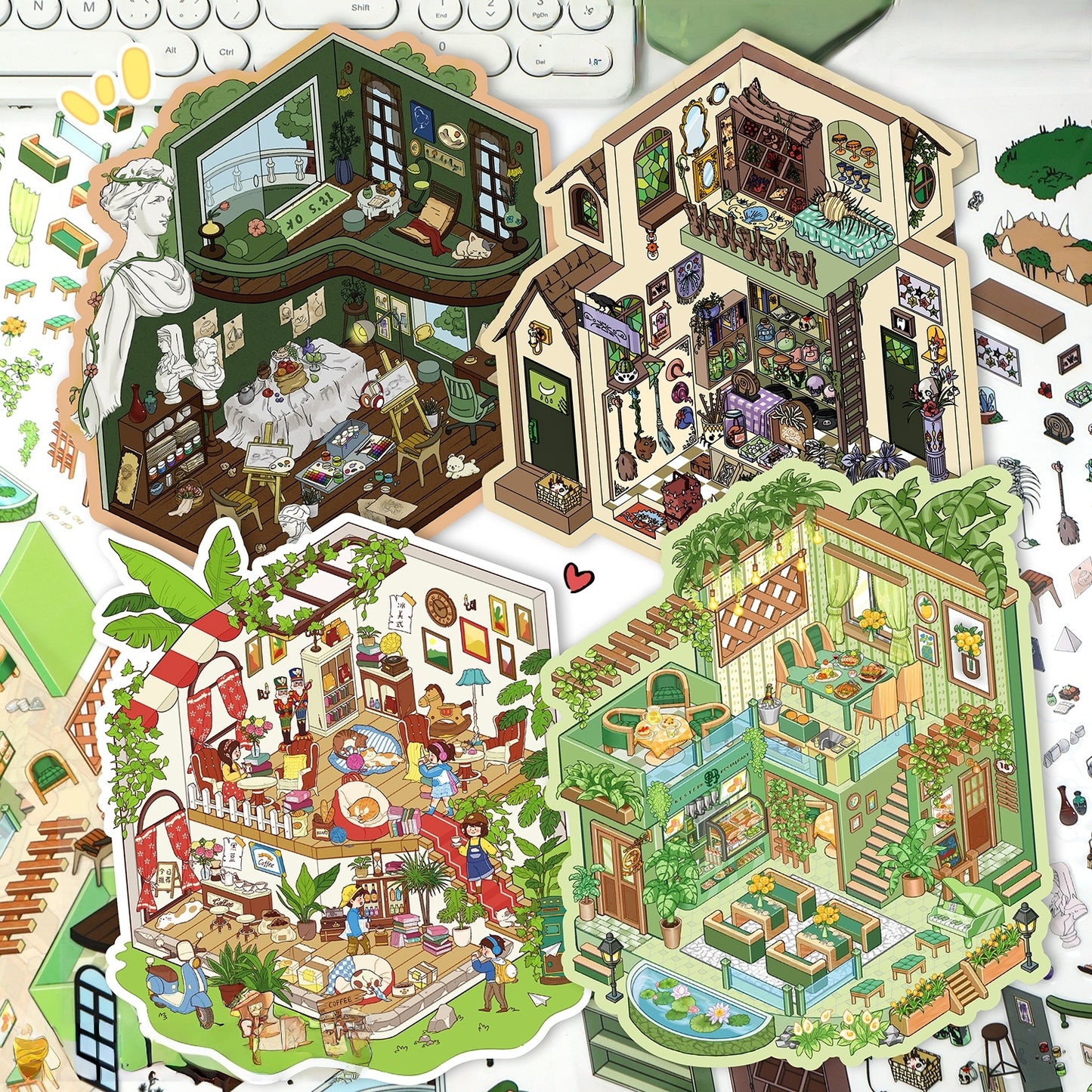 Verdant Vibes 3D Sticker | 4 Cute Miniature Scenes