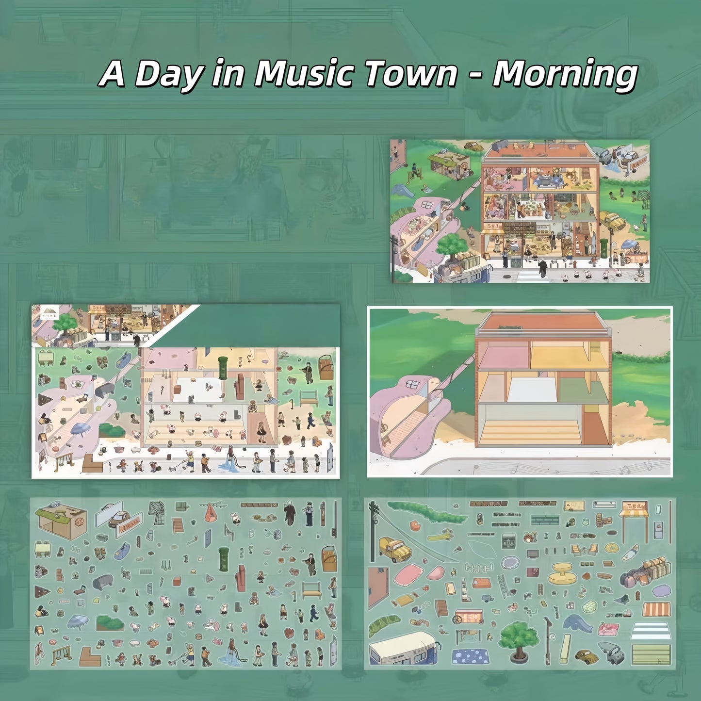 One Day in the Town of Music 3D Sticker | 4 Cute Miniature Scenes