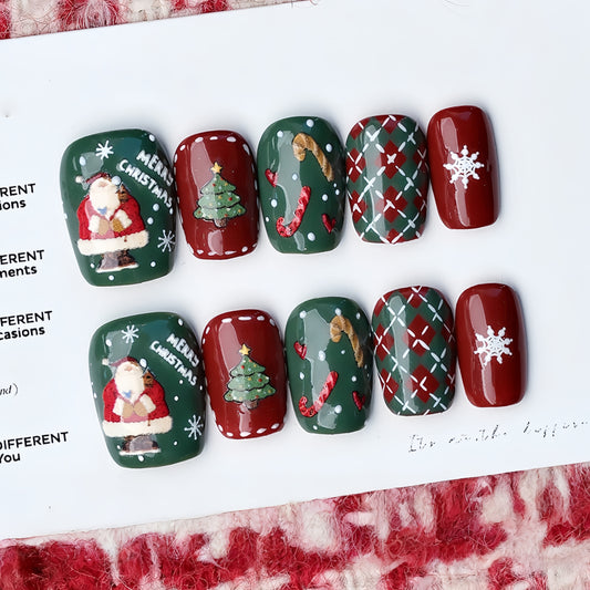 Hand-painted Cartoon Christmas Nail - Medium Square