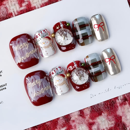 Red Cartoon Christmas Checked Nail with Pearl - Medium Square