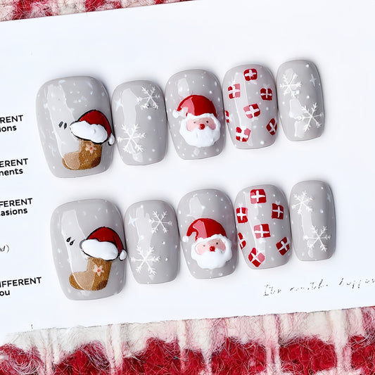 Gray Cartoon Christmas Nail - Medium Square