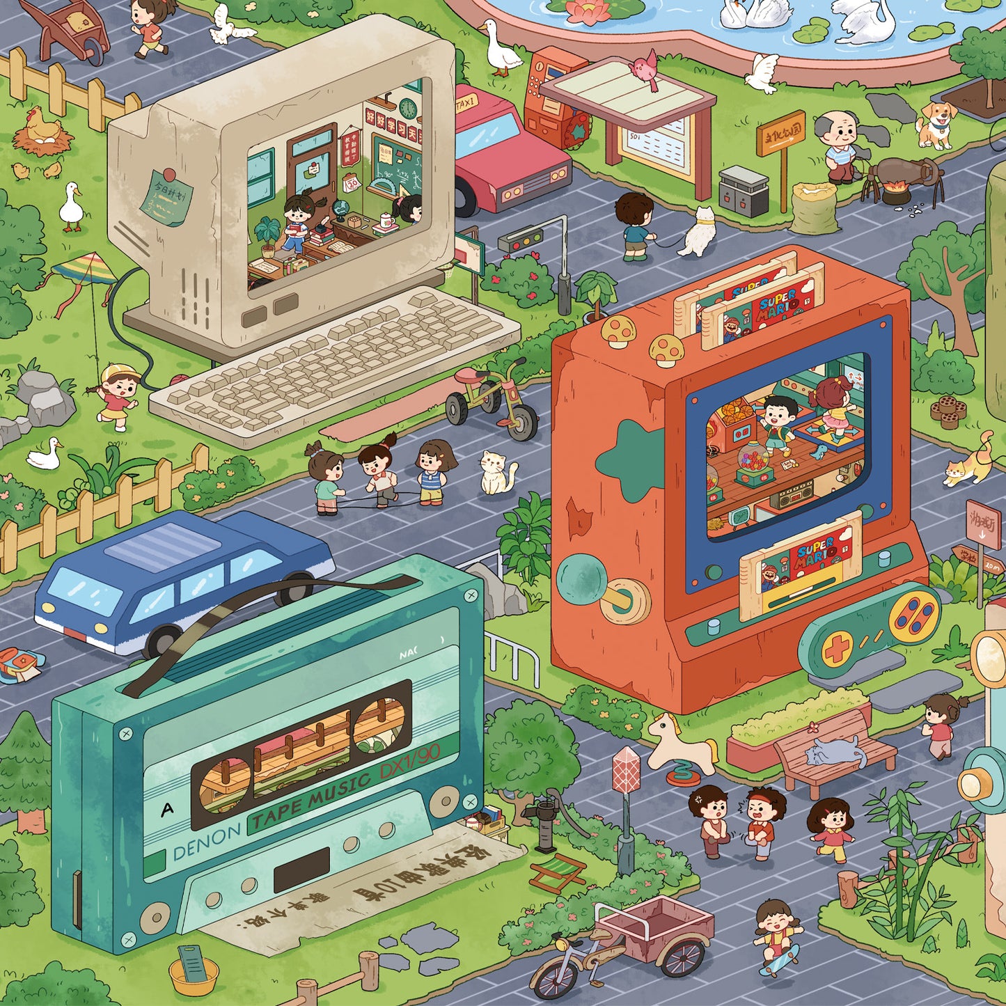 Childhood Town 3D Sticker | 5 Cute Miniature Scenes