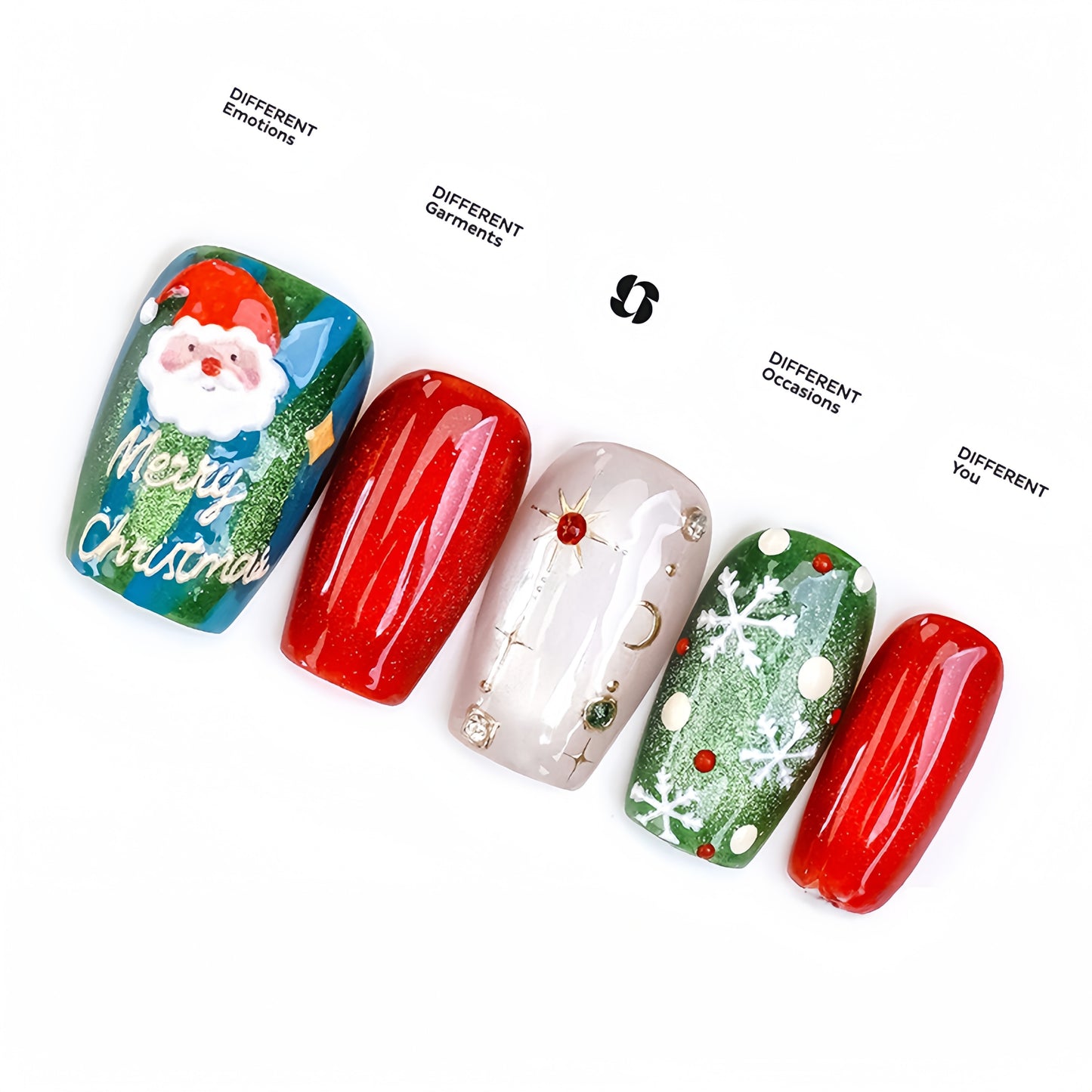 Shinny Cartoon Cat-eye Christmas Nail with Gem - Short Coffin