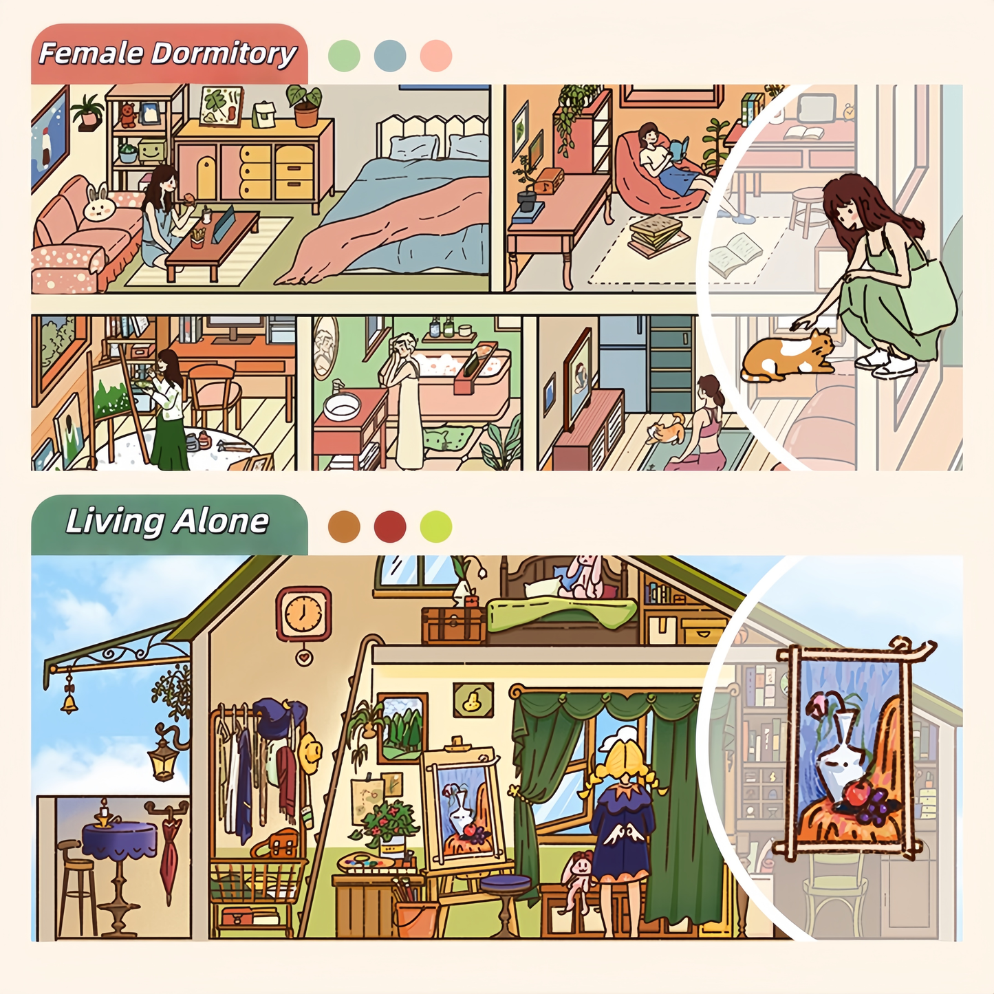 Girl's Dorm 3D Sticker | 2 Cute Miniature Scenes