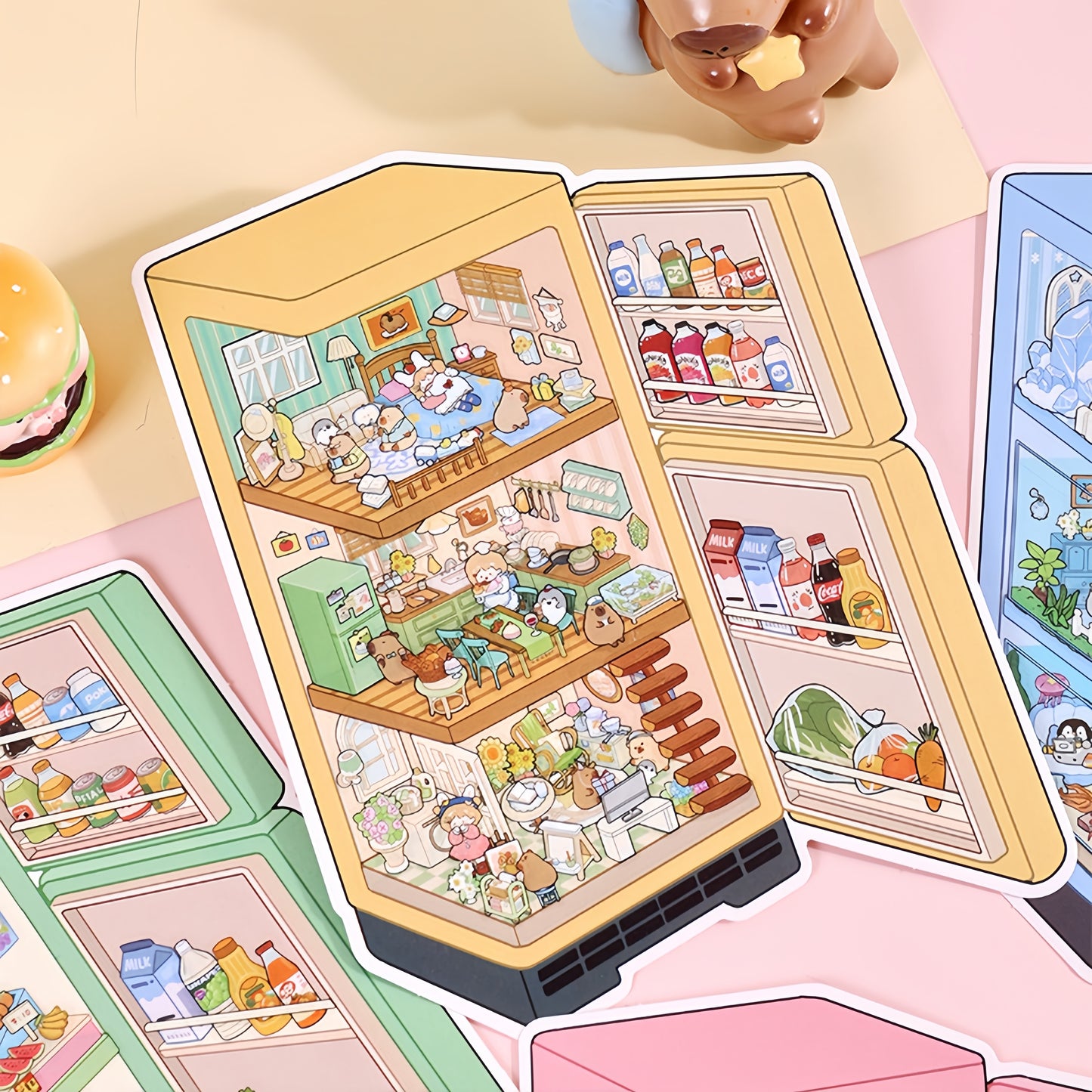 Surprise Refrigerator 3D Sticker | 4 Cute Miniature Scenes