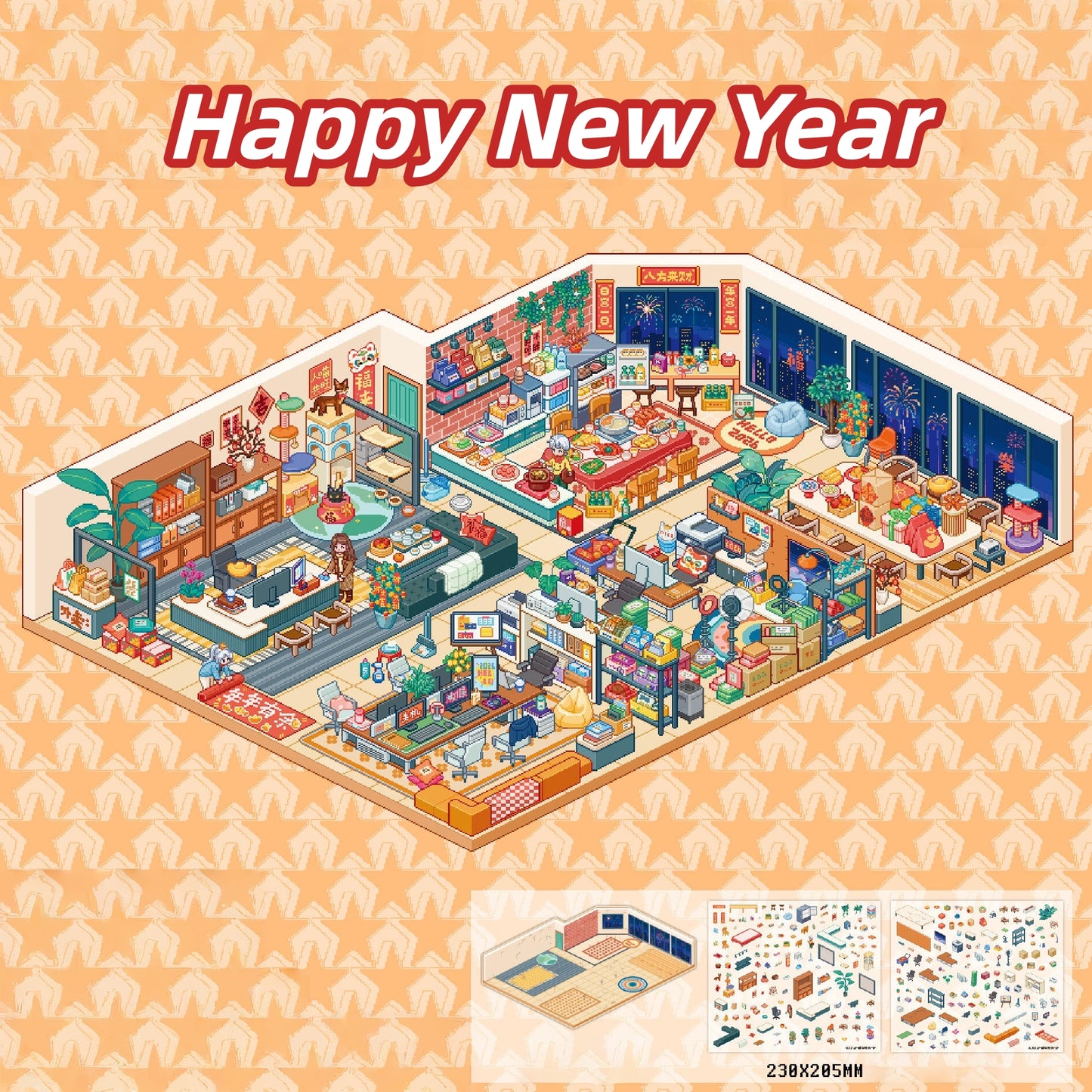 Pixel New Year 3D Sticker | 3 Cute Miniature Scenes