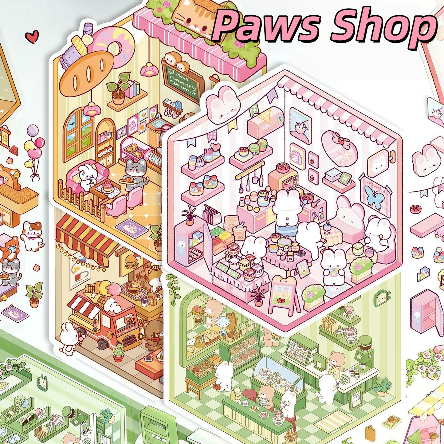 Paws Shop 3D Sticker | 4 Cute Miniature Scenes