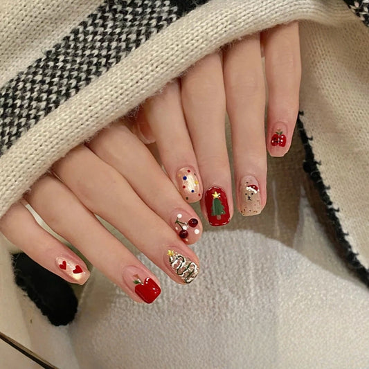 Glided Gold Hand-painted Cartoon Dot Christmas Nail - Medium Square