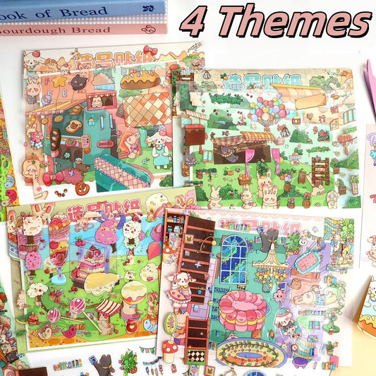 Bunny’s Dreamy Village 3D Sticker | 4 Cute Miniature Scenes