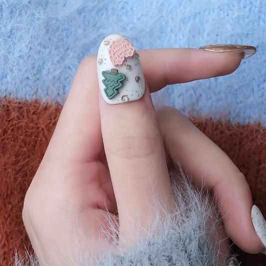 White Matte Hand-painted Cartoon Christmas Nail - Short Almond