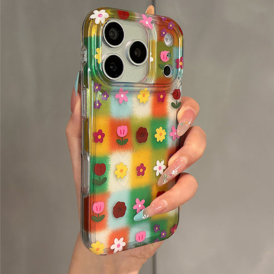 Colorful Grid Holographic Heart Flowers Acrylic Phone Case