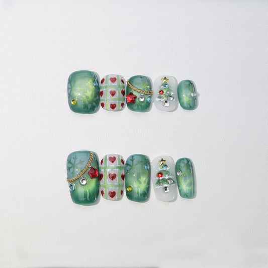 Green Gradient Cay-eye  Chekced Christmas Nail with Diamond/Gem - Medium Square