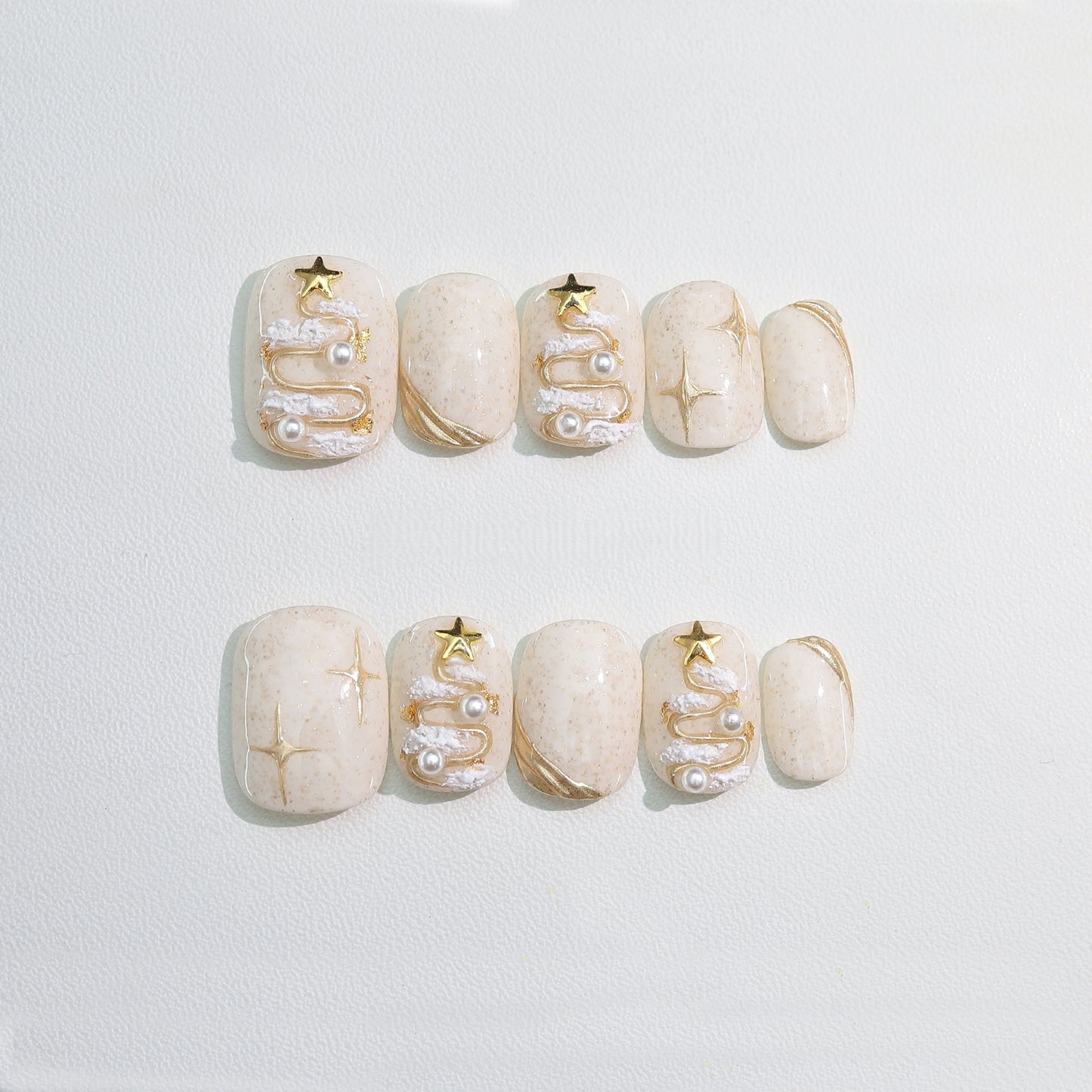 Beige Glided Gold Christmas Nail with Pearl - Medium Square