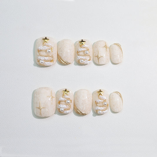 Beige Glided Gold Christmas Nail with Pearl - Medium Square