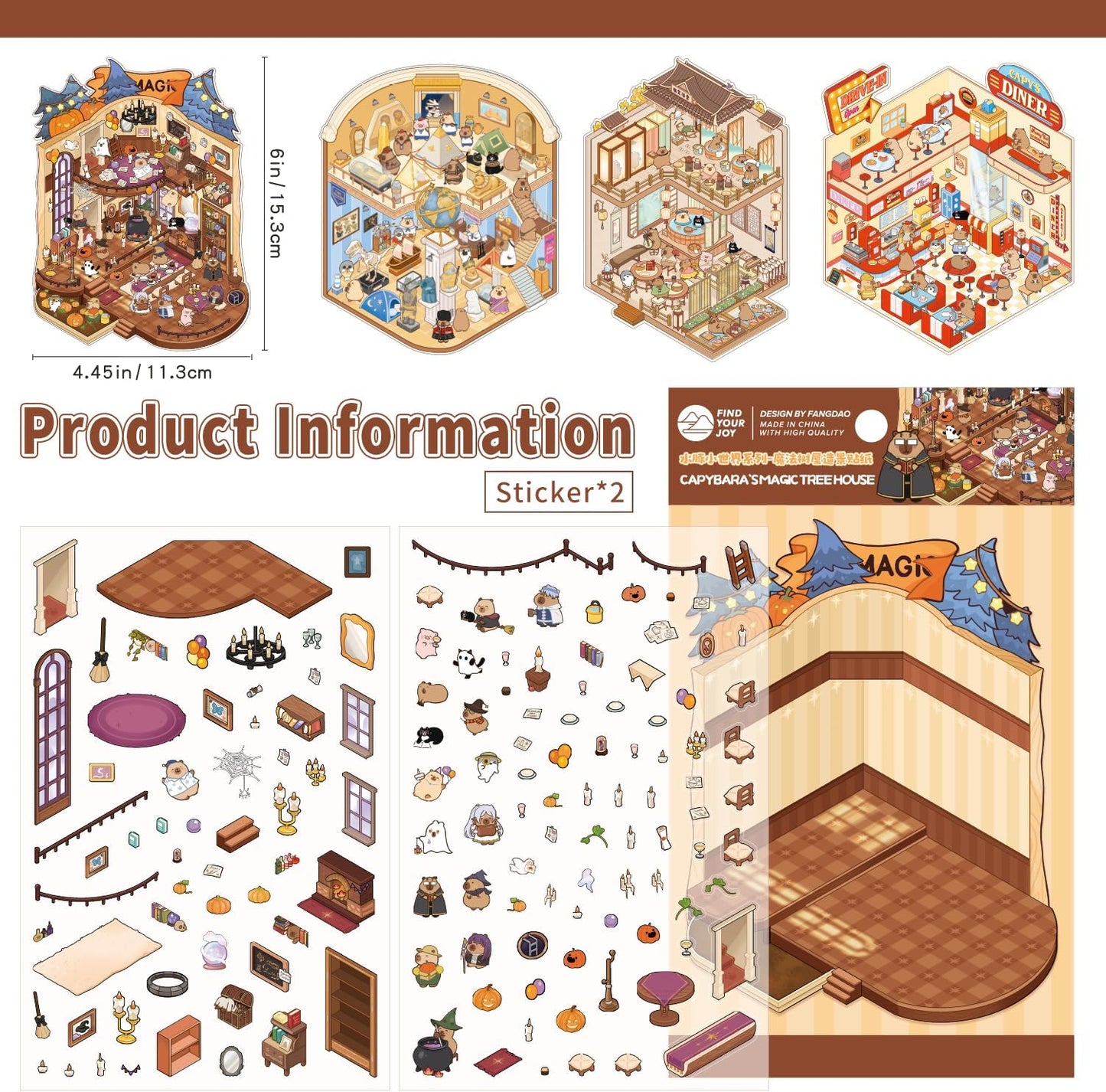 Capybara's Whimsical World 3D Sticker | 4 Cute Miniature Sticker