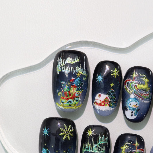 Blue Gradient Hand-painted Cartoon Christmas Nail - Medium Almond