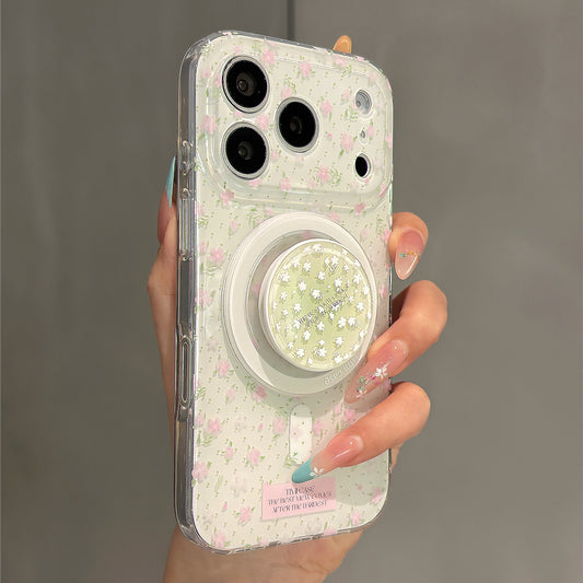 Green Leaves Pink Flowers Magnetic Stand Acrylic Phone Case