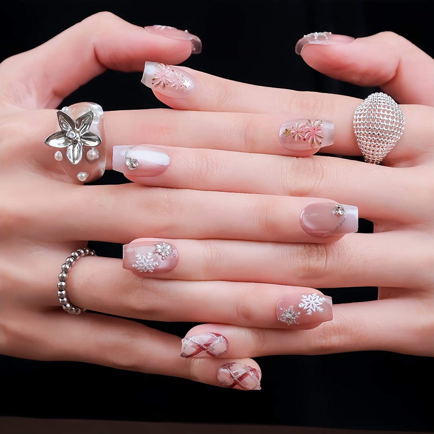 Pink Checked Christmas Nail with Diamond  - Medium Almond