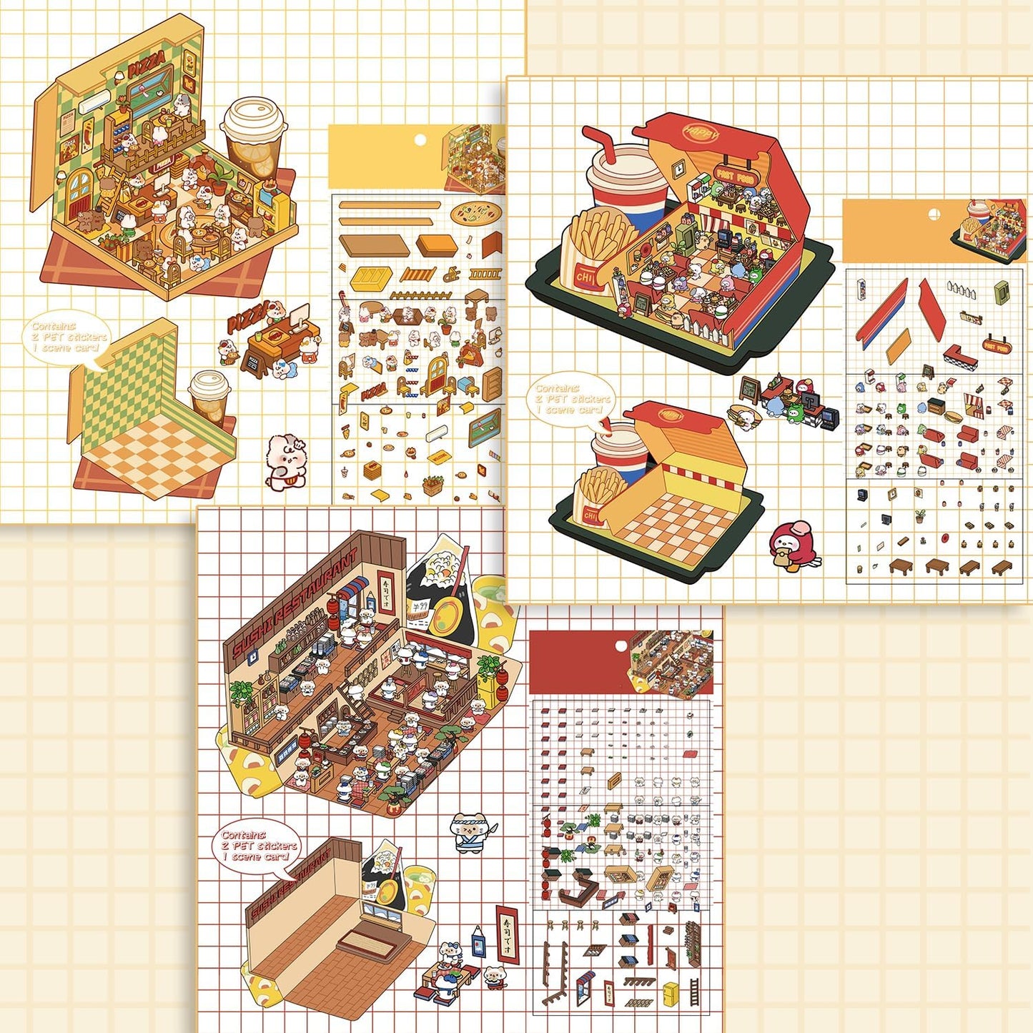 Foodie Funland 3D Sticker | 4 Cute Miniature Scenes