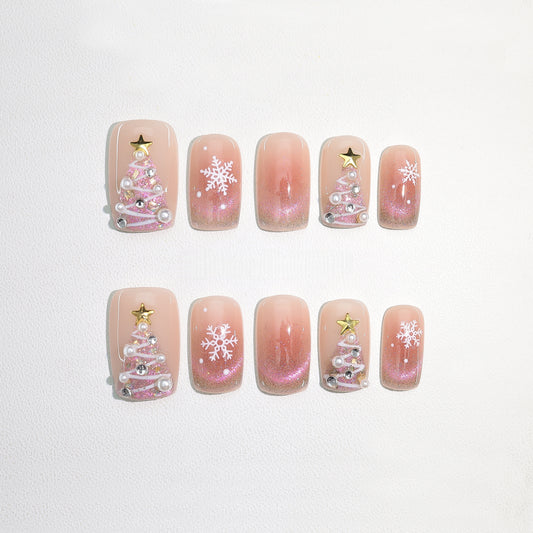 Pink Glided Gold Cat-eye Christmas Nail with Pearl - Medium Square