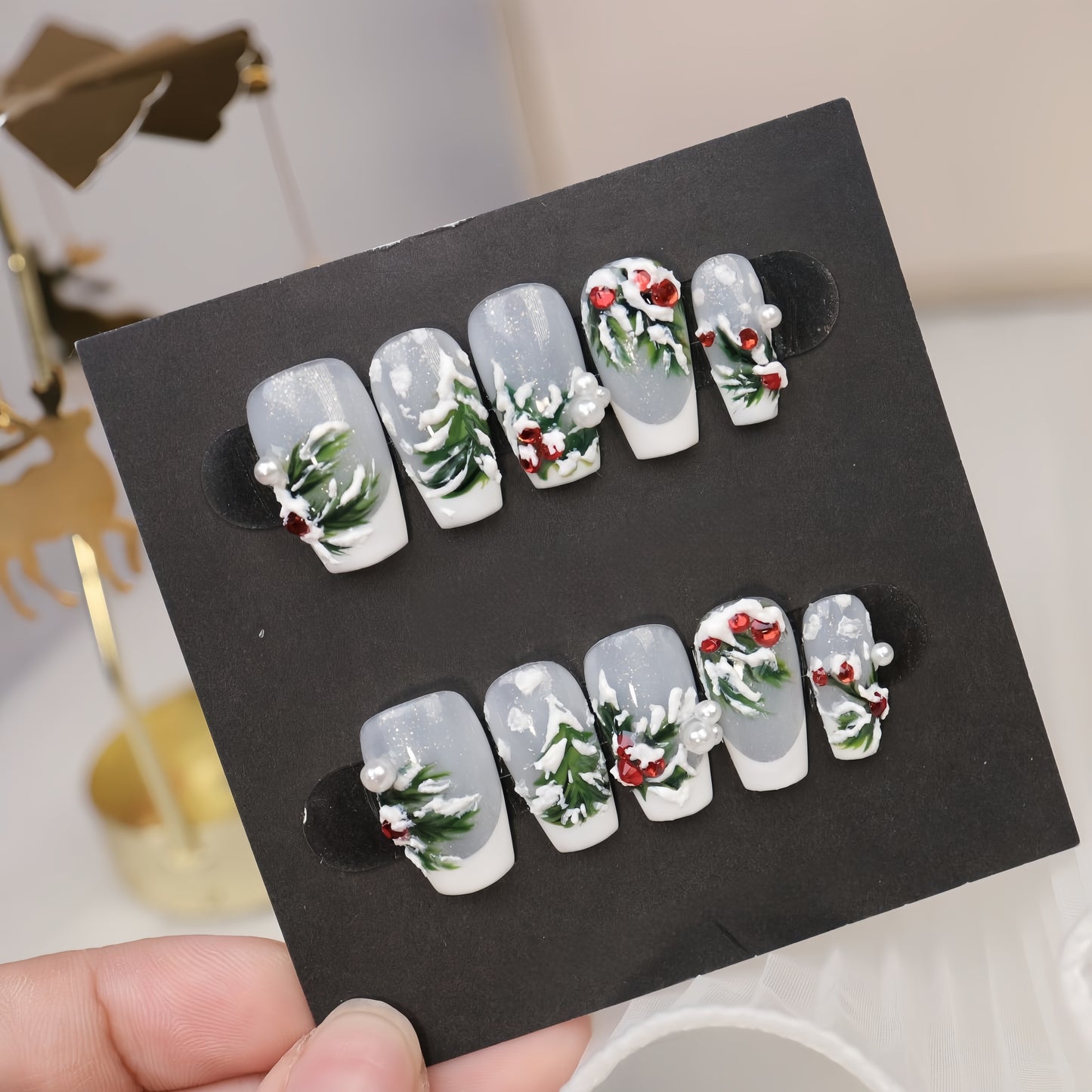 Grey French Hand-painted Christmas Nail with Gem/Pearl - Short Coffin