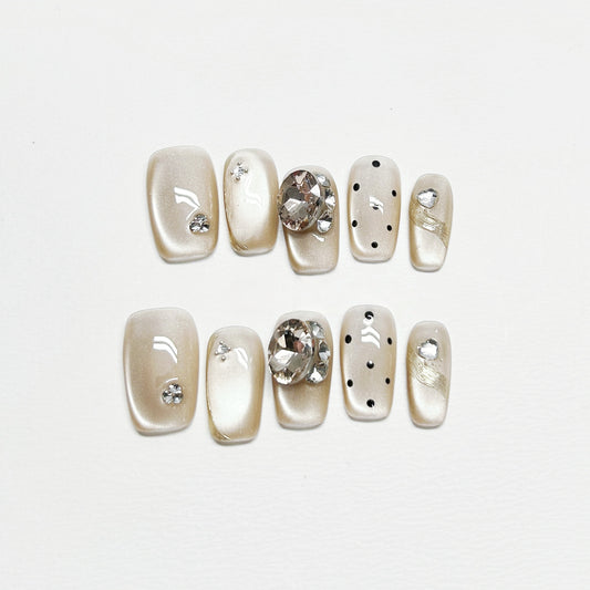 White Cat-Eye Polka Dot French Nails with Diamond - Medium Square